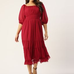 Antheaa Red Chiffon Smocked Midi Dress-picture-25