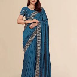 FABMORA Blue Silk Embroidered Saree with Unstitched Blouse-picture-29