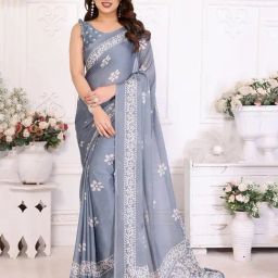 FABMORA Grey Printed Saree with Unstitched Blouse-picture-0