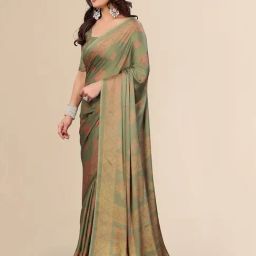 FABMORA Green Printed Saree with Unstitched Blouse image 3