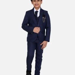 Fourfolds Boys Darkblue Checks Full Sleeves Suit Set-image-40