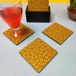 Crayton Yellow Wooden Abstract Printed Square Coasters with Holder - Set of 6-38