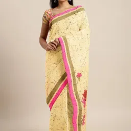 Kalakari India Beige Cotton Printed Saree With Unstitched Blouse-image-65