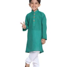 VASTRAMAY Kids Teal Green & White Cotton Self Pattern Kurta Set-image-95