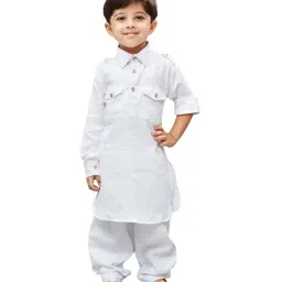 VASTRAMAY Kids White Cotton Pathani Kurta Set-image-82