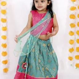 Little Bansi Kids Blue & Rani Embellished Kurta Lehenga Set-picture-44