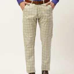 Sojanya Beige Cotton Regular Slim Fit Checks Flat Front Trousers-image-63