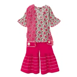 The Magic Wand Kids Fuchsia & White Floral Print Kurta, Sharara with Dupatta-image-36