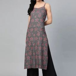 Jompers Grey Floral Print Straight Kurta-image-0
