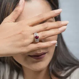 925 Silver Oval Red Ruby and American Diamond Finger Solitaire Ring for Women & Girls-image-59