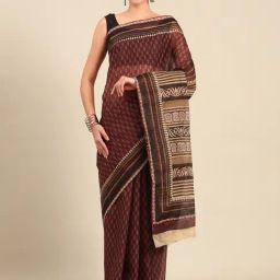 SHANVIKA Dark Brown Pure Cotton Ethnic Motifs Print Saree Without Blouse Piece-image-65