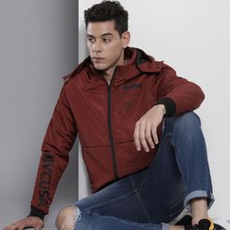 The Indian Garage Co Men Maroon Solid Bomber Jacket with Detachable Hood-image-33