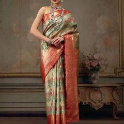 Silk Land Green & Red Silk Woven Saree With Unstitched Blouse-picture-11