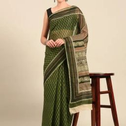 SHANVIKA Green Pure Cotton Ethnic Motifs Print Saree Without Blouse Piece-image-55