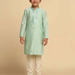 KISAH Kids Green & White Cotton Embroidered Full Sleeves Kurta Set-image-58