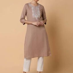 SHOWOFF Beige Cotton Embroidered Straight Kurta-picture-45