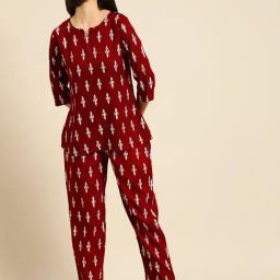 Ichaa Maroon Rayon Ikkat 3/4th sleeves Night Suits-12