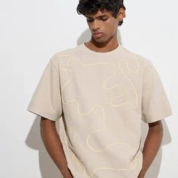 Nuon by Westside Beige Abstract Design Relaxed-Fit Cotton T-Shirt-image-96