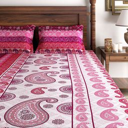 SWAYAM White & Pink 144 TC Cotton Queen Bedsheet with 2 Pillow Covers-image-18