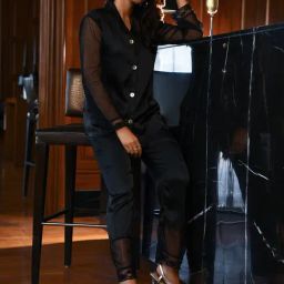 Dusk Attire Black Black Satin Net Pyjama Set-image-95