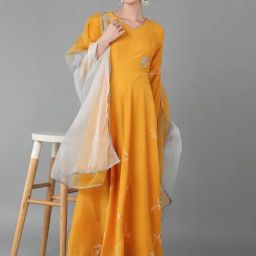 Vaamsi Mustard Printed Anarkali Kurta With Dupatta-image-16