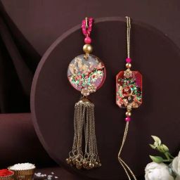 Aapno Rajasthan Multicolor Resin Work Pink & Gold Thread Bhaiya Bhabhi Rakhi-2