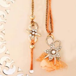 Aapno Rajasthan Orange Thread Rakhi with Floral Stone Work Bhaiya Bhabhi Set-image-43