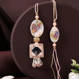 Aapno Rajasthan Multicolor Resin Work Peach & Gold Thread Bhaiya Bhabhi Rakhi-40