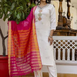 Twika Floral Embroidered V-Neck Zari Details Straight Kurta With Trousers & Dupatta-16