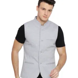 Basics Light Grey Sleeveless Mandarin Collar Waistcoat-image-3