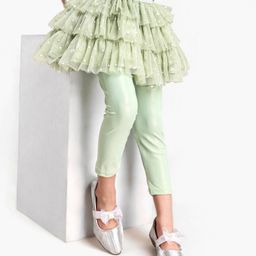 Babyhug Knee Length Flared Skirt With Leggings Glitter Print - Green-image-2