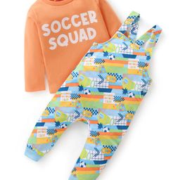 Babyhug 100% Cotton Knit Dungaree with Full Sleeves Inner Tee Soccer Ball Print - Peach-image-46