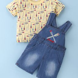 ToffyHouse Cotton Knit Dungarees & Half Sleeves Tee Paddles Print & Embroidery - Lemon-image-55