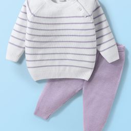 Babyhug Knitted Full Raglan Sleeves Striped Sweater Set - White & Purple-image-84