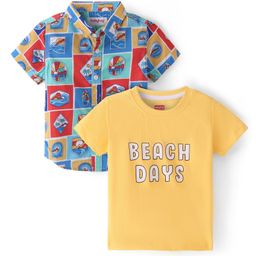 Babyhug Cotton Woven Half Sleeves Check Shirt with Beach Days Printed T-Shirt - Multicolor-image-85