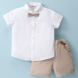 ToffyHouse Poplin Woven Half Sleeves Printed Shirt & Shorts Set with Bow & Suspender - Tan-image-47