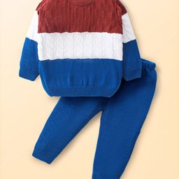 Babyhug Knitted Full Sleeves Pullover Sweater Set with Colour Block Design - Navy Blue-picture-5
