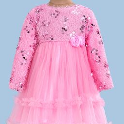 Babyhug Woven Full Sleeves Fit & Flared Party Frock with Sequin on Yoke & Floral Applique - Pink-image-45