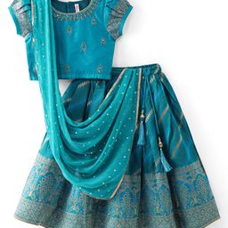 Babyhug Woven Short Sleeves Mirror Work & Sequin  Embroidered Choli & Lehenga Set with Dupatta  - Teal Blue-image-84