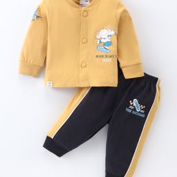 CUCUMBER Sinker Knit Full Sleeves Front Open Night Suit with Elephant Print - Yellow-image-0