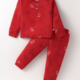 Mini Donuts Cotton Knit Full Sleeves Dino Printed Henley Neck T-Shirt & Joggers Set - Red-image-13