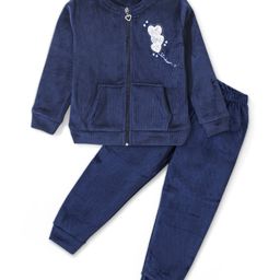 Babyhug Velour Woven Full Sleeves Winter Wear Suit With Hearts Embroidery - Navy-image-33