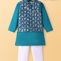 Babyoye Cotton Woven Full Sleeves Embroidered Kurta Pyjama Set With Floral Printed Jacket - Teal Blue-image-5