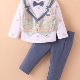 ToffyHouse Knitted Full Sleeves Checks T-Shirt With Attached Bow Waistcoat & Trouser Set - White & Blue-image-13