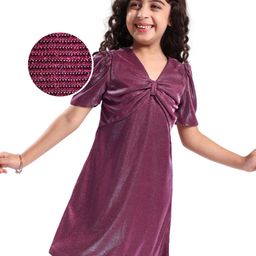 Hola Bonita Knit Half Sleeves A Line Glittered Party Frock - Maroon-picture-13