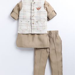 LITTLE COLLARS Full Sleeves Solid Kurta Pyjama With Textured Jacket Set - Beige-image-1