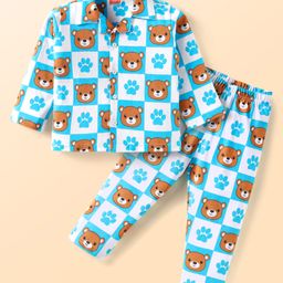 Babyhug Cotton Knit Full Sleeves Bear Printed Night Suit - Aqua Blue-picture-41