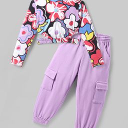 Ollington St. Cotton Lycra Knit Full Sleeves Floral Printed Top & Cargo Joggers Set - Purple & Red-image-75