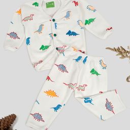 Tiny Bugs Cotton Full Sleeves Dinosaur Printed Coordinating Thermal Wear Set - White-image-88