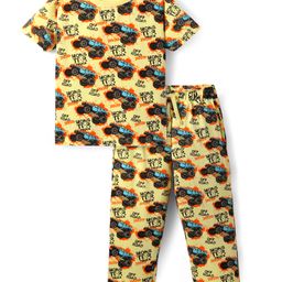 Pine Kids Single Jersey Knit Half Sleeves Night Suit with Monster Truck Print - Yellow-image-82